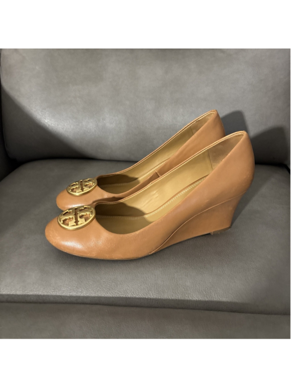 Tory Burch Tan Leather Wedge Pumps with Gold Logo
